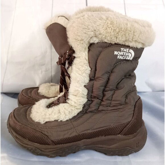 The North Face Nuptse Girls Brown Faux Fur Trim Snow Boots Size 4 Good Cond - Picture 1 of 10